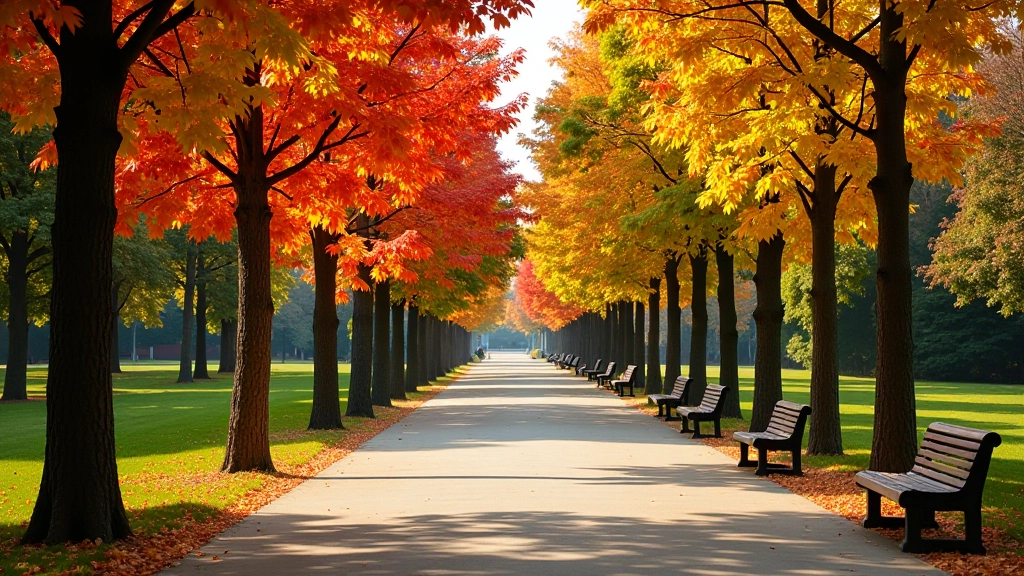 Olomouc park in autumn with trees showing fall colors, walking paths, and clear sky