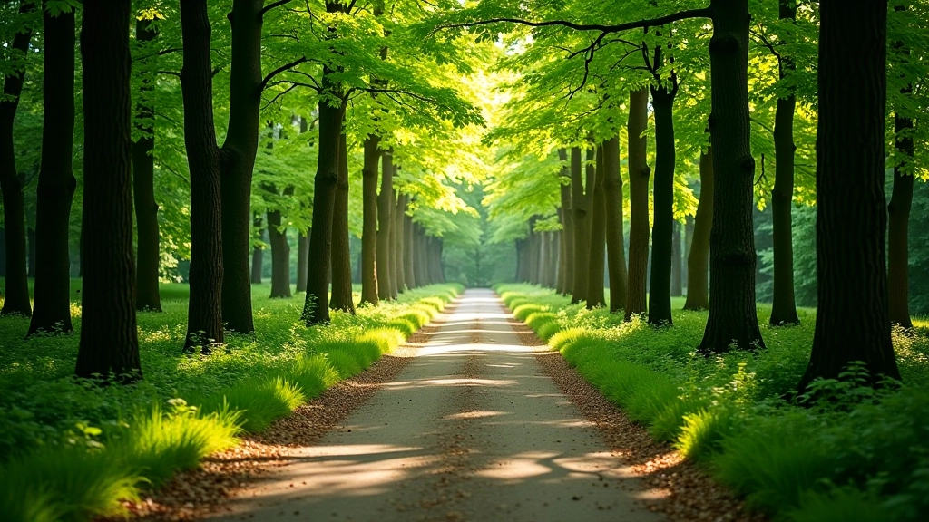 Winding forest path with dappled sunlight filtering through tree canopy