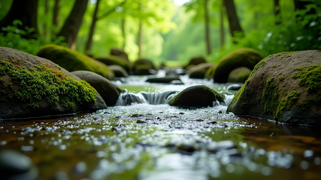 Peaceful woodland stream flowing through rocky valley, green moss-covered stones, calm water, forest surroundings