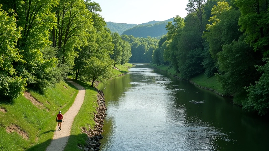 Flat hiking trail along river with green forest and canyon walls on either side