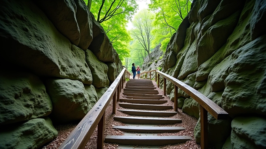Well-maintained hiking trail winding through rocky valley with stone steps and wooden handrails, forest surroundings