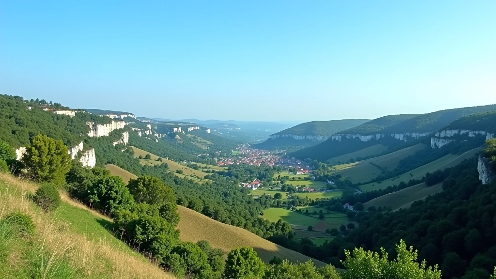 Panoramic view of Pálava limestone formations with vineyard terraces and small village nestled below