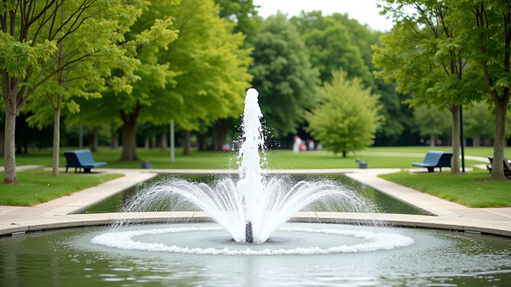 Public water fountain and rest area in Olomouc park with modern seating and landscaping
