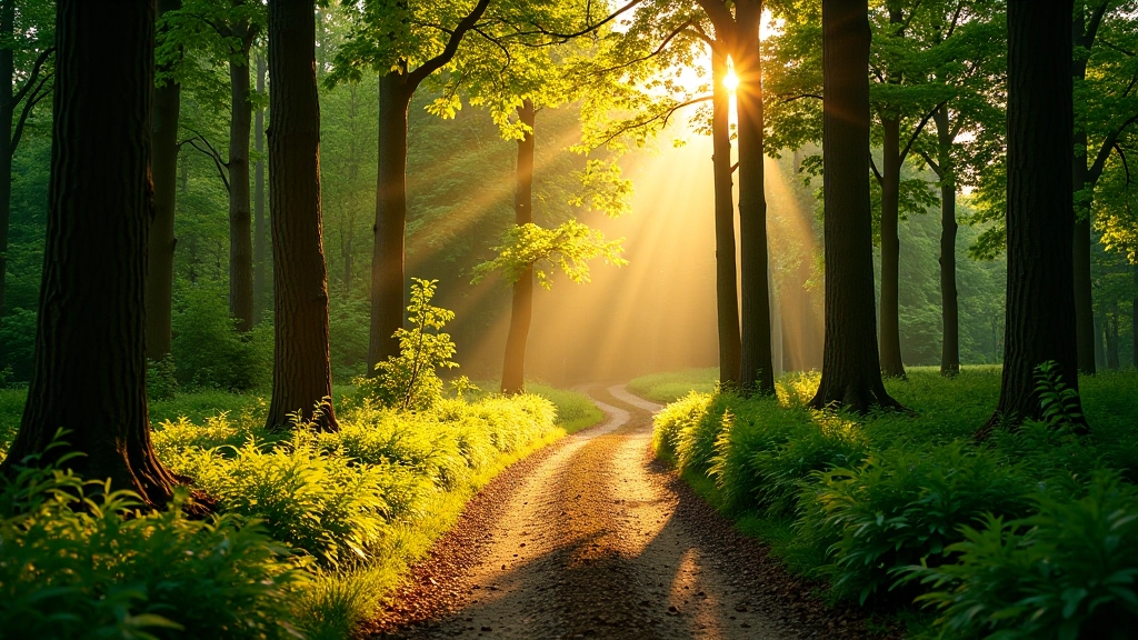 Peaceful walking trail winding through natural forest with golden sunlight filtering through trees