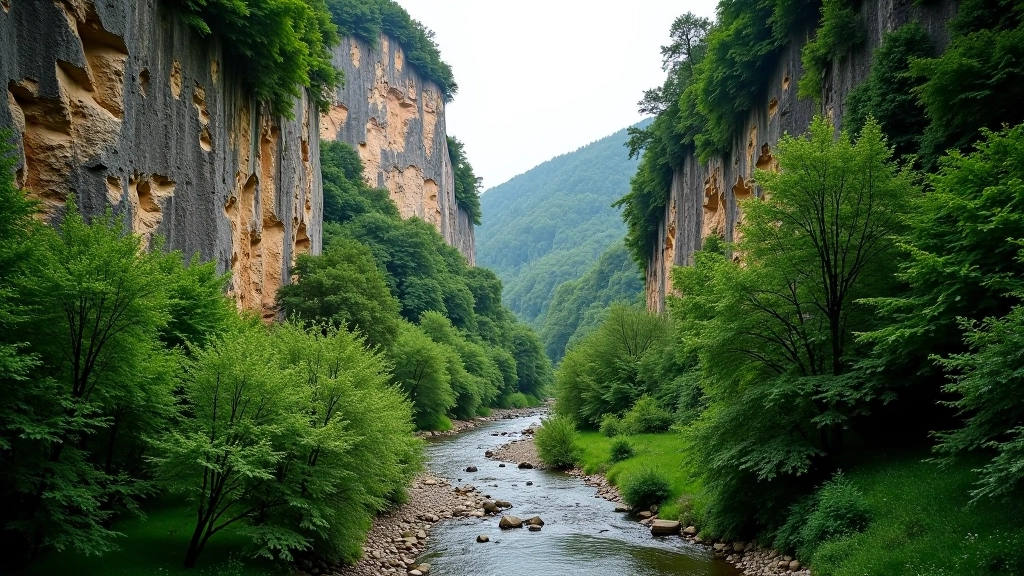 Rocky gorge walls with green forest canopy and river flowing through valley