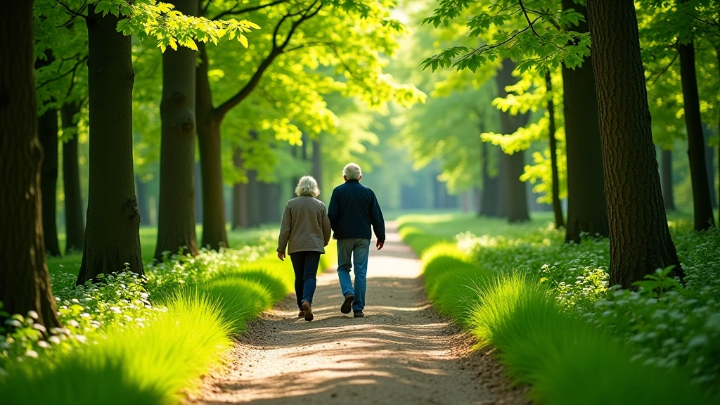 Senior hikers enjoying a peaceful trail through lush forest valley